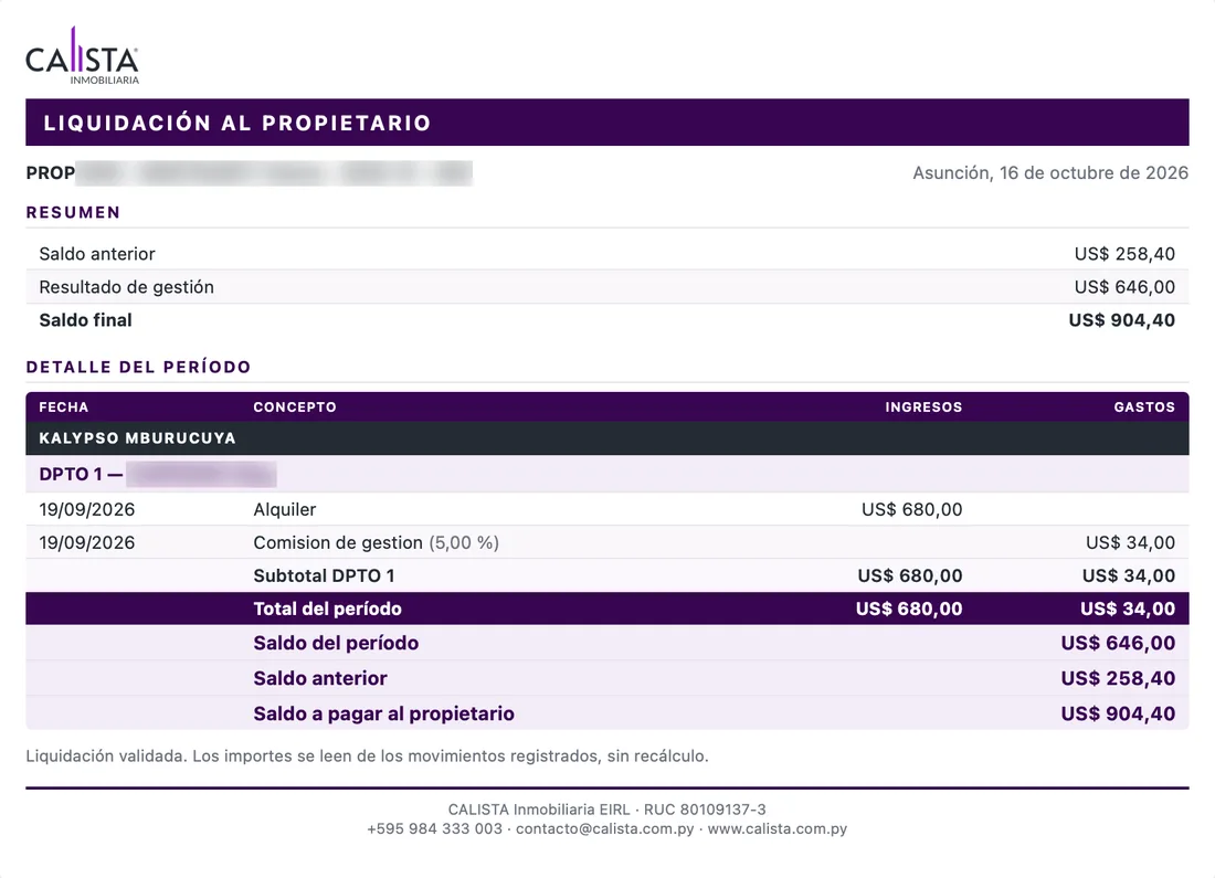 Exemplo de prestação de contas mensal ao proprietário gerada pelo software da CALISTA, com os nomes ocultos
